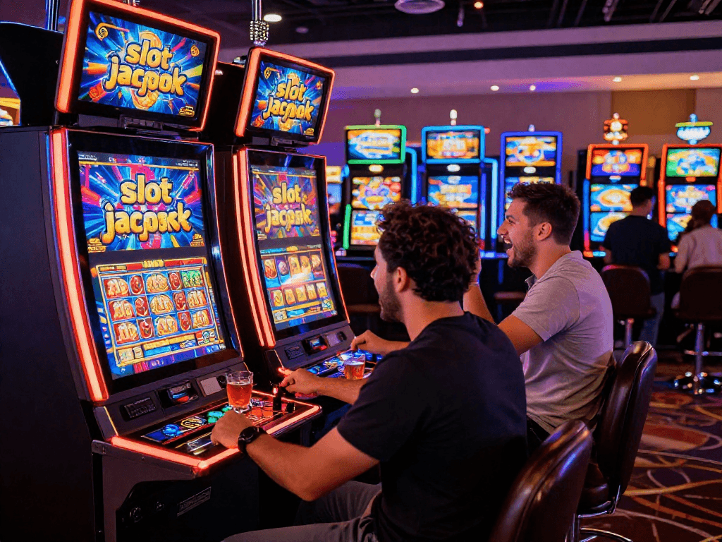 Exciting casino scene with players celebrating a slot jackpot win amidst vibrant lights and sounds.