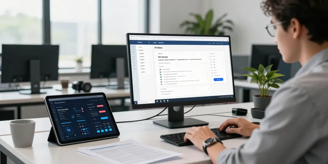 Detect fraud in pdf with a professional analyzing digital documents using advanced AI technology in a modern office setting.