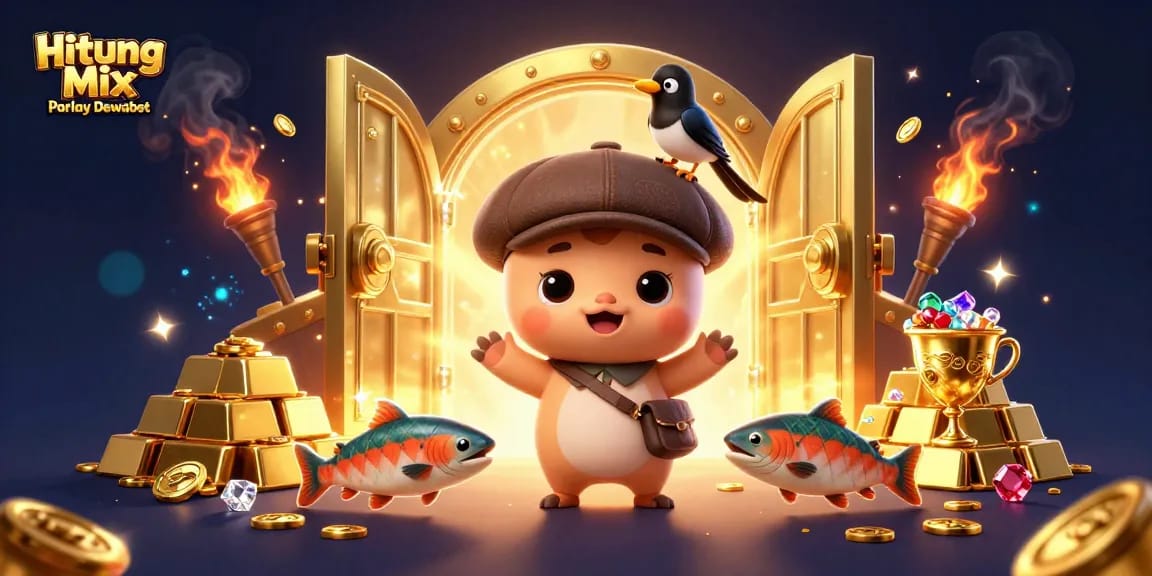 Engage with Hitung Mix Parlay Dewabet in a vibrant 3D scene of cartoon characters and casino elements.