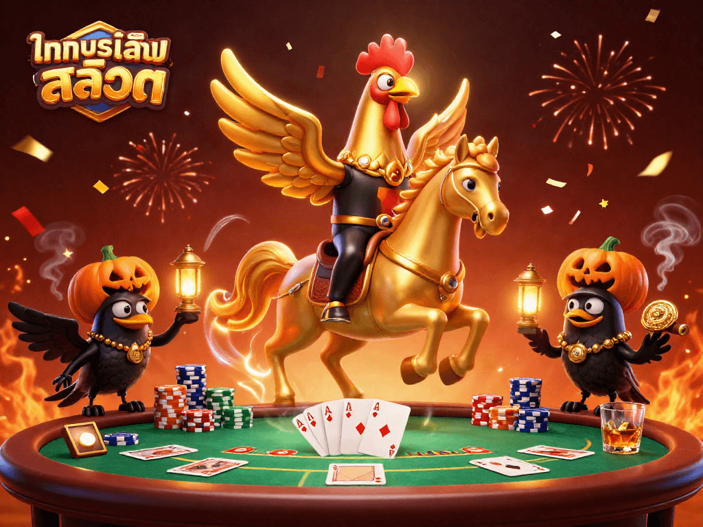 Play ทดลองเล่นสล็อต showcasing a golden rooster and friends in a vibrant casino scene.