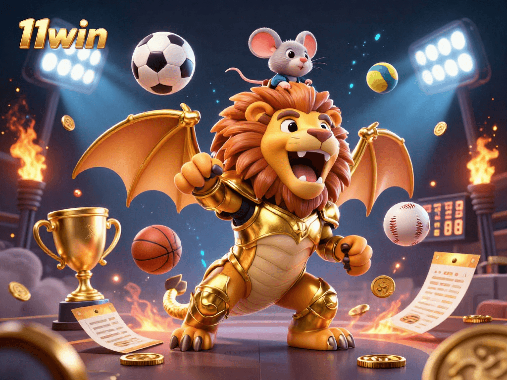 Experience thrilling gaming action with 11win, showcasing a golden chimera and dynamic sports elements.