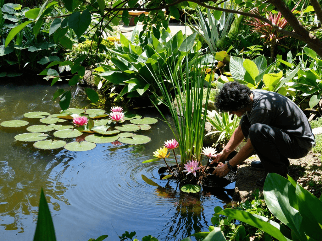 Pond Plants thriving in a tranquil garden pond with a gardener planting colorful water lilies.