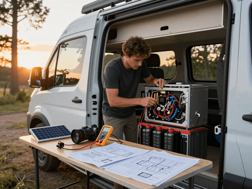 Rokok88 van conversion enthusiast installing advanced electrical systems in a custom camper van.