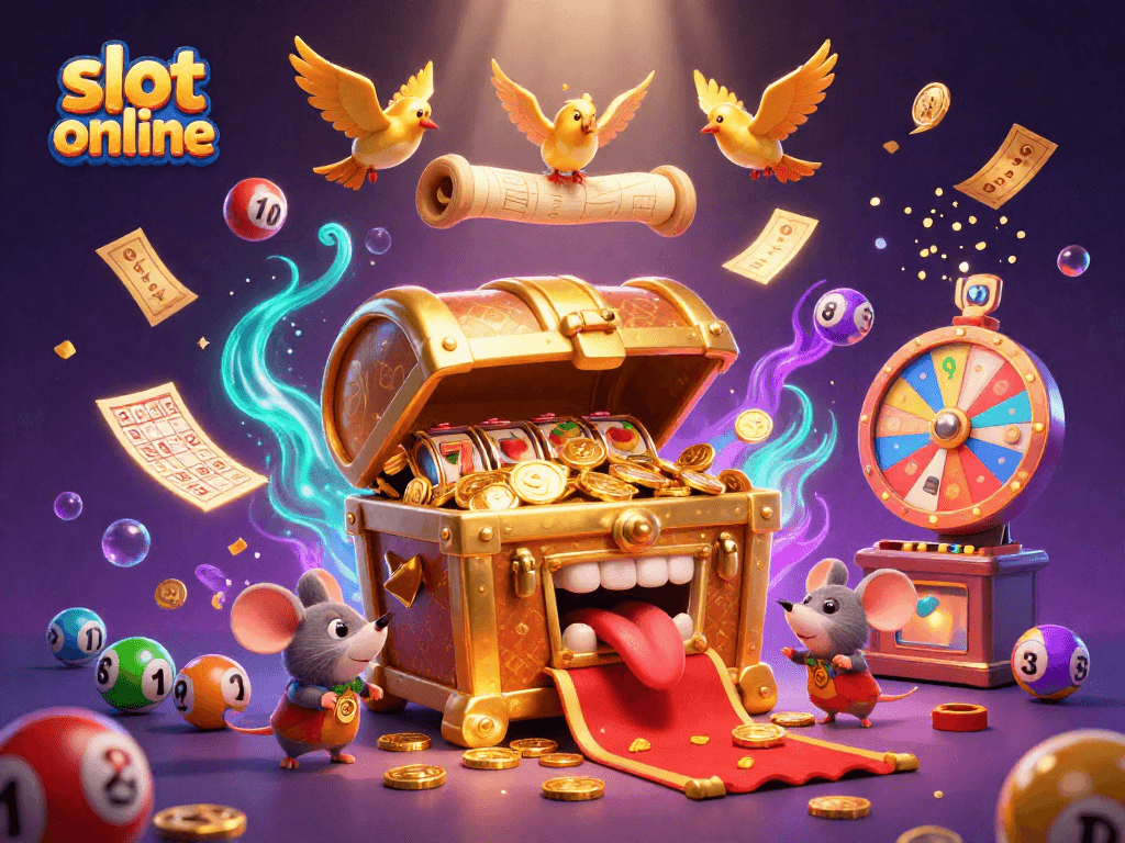 Engage with the vibrant slot online universe featuring a treasure chest and dynamic casino elements.