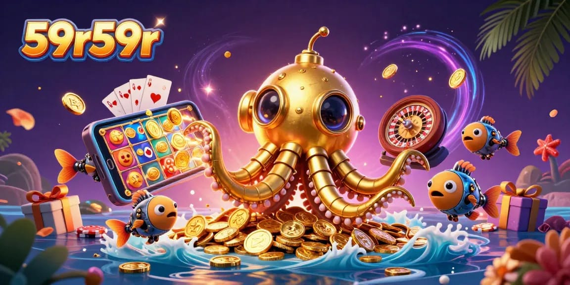 Experience thrilling wins with 59r59r's vibrant 3D casino illustration featuring a golden kraken.