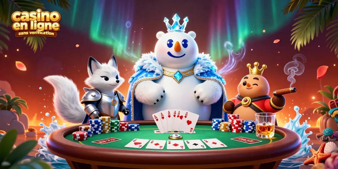 Jouez aux meilleures options de casino en ligne sans vérification avec un ours polaire et un renard dans une ambiance colorée.