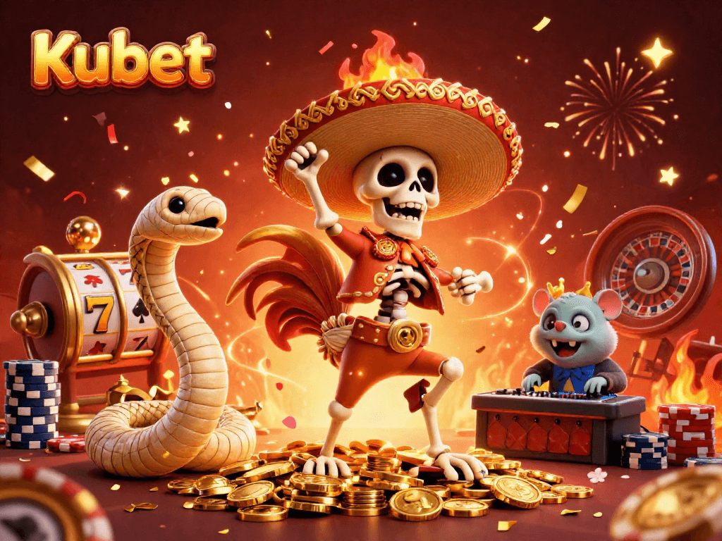Kubet victory scene featuring a colorful 3D skeleton mariachi rooster, a mummy snake, and zombie hamster DJ amidst vibrant casino elements.