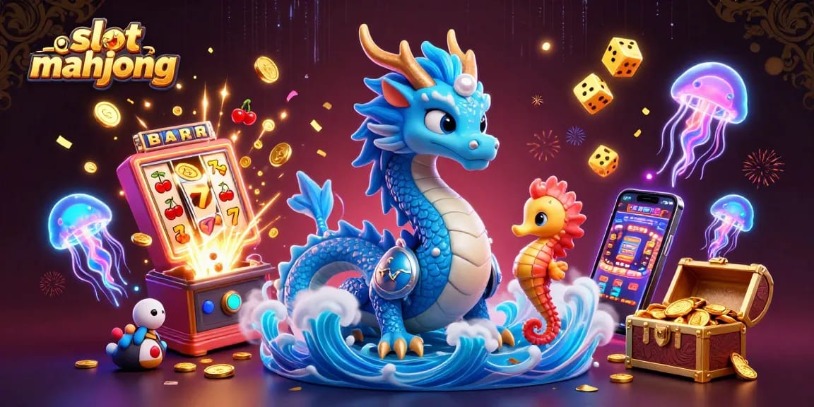 Engage in thrilling slot mahjong action with an exciting scene featuring dragons, slot machines, and vibrant characters.
