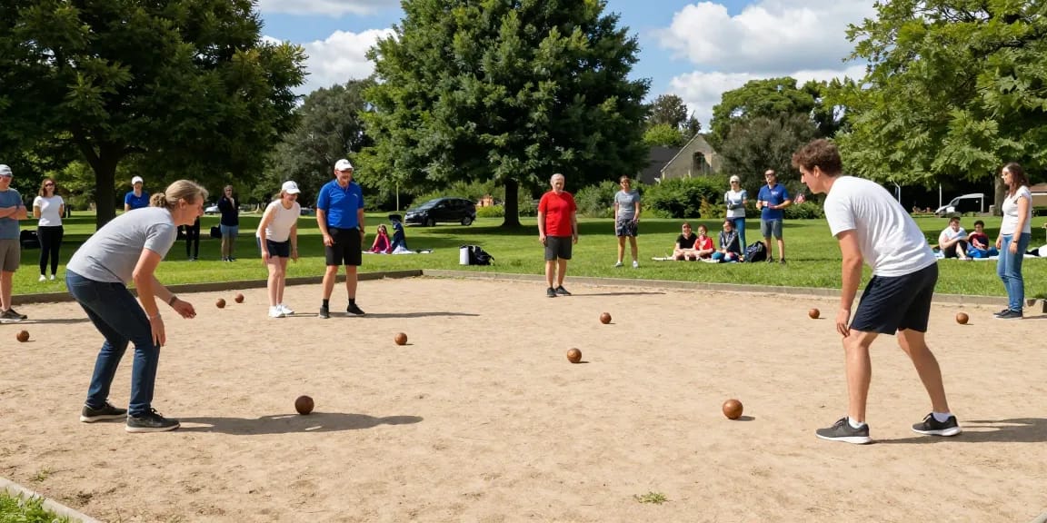 Aktivitas olahraga petanque di fopikotatarakan.org, pemain bersaing di lapangan pasir dengan kegembiraan.