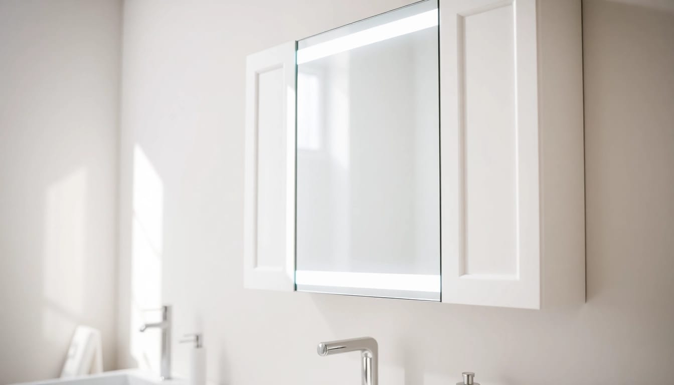 Spiegelschrank led mit elegantem Design und natürlichem Licht im modernen Badezimmer.