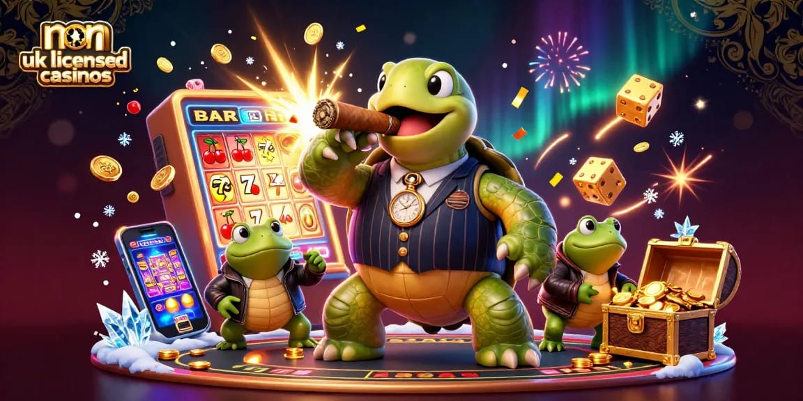 Engaging scene of non UK licensed casinos with animated characters and vibrant gaming elements.