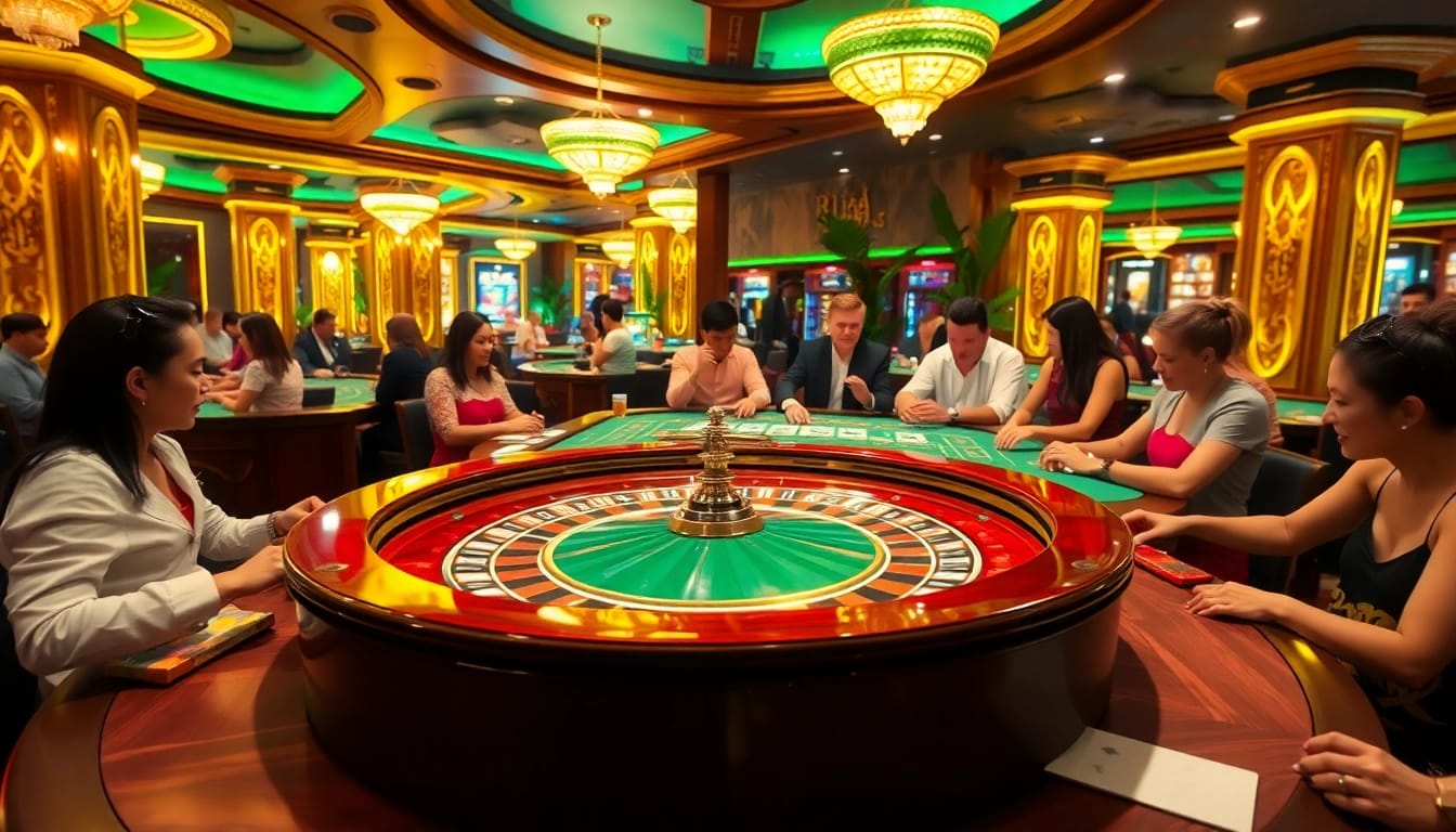 Gamble at a luxurious Rio-themed casino with vibrant tables and tropical decor.
