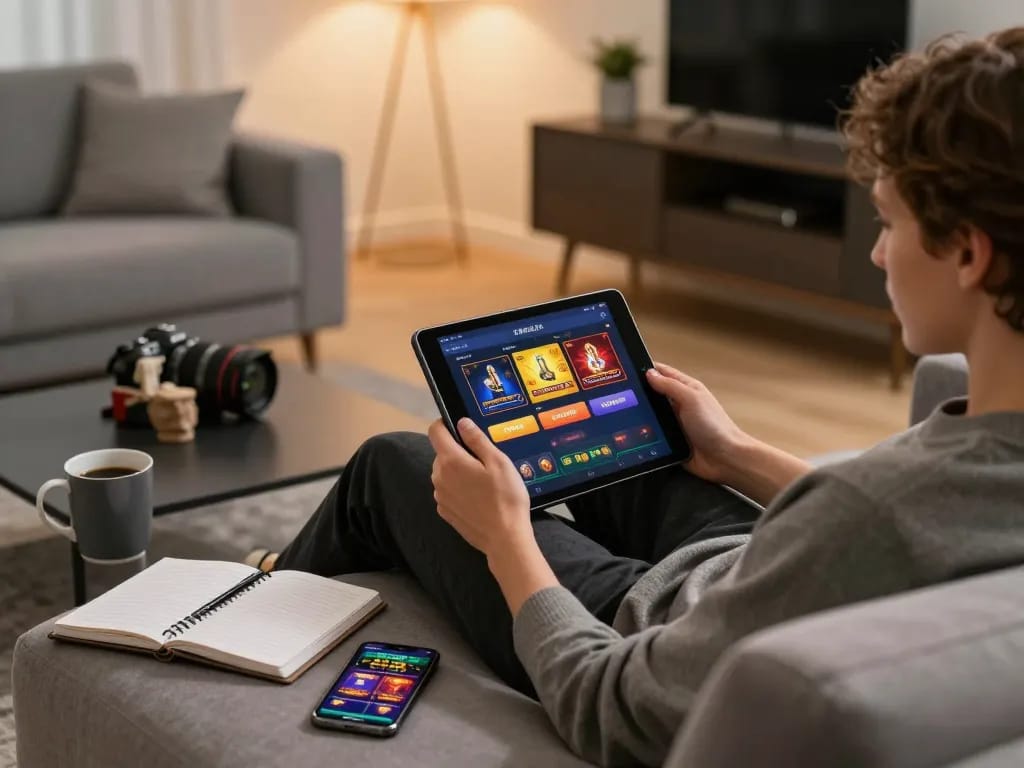 Engaged player exploring casino online stranieri through a tablet in a cozy home setting