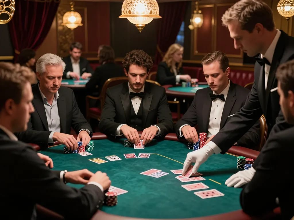 Pemain situs togel merencanakan strategi selama permainan poker yang intens dengan dealer, menampilkan suasana kasino
