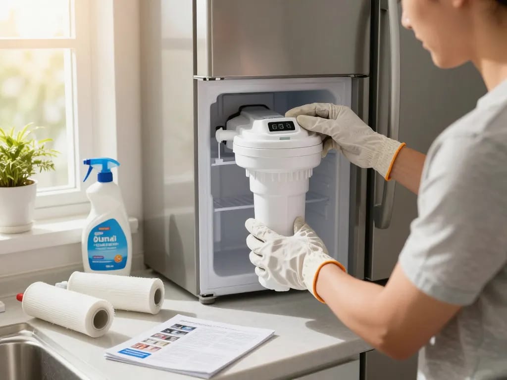 A homeowner replacing the AQUA CREST 644845 Refrigerator Water Filter Replacement for Bosch® Ultra Clarity® 11034152 in a sunlit kitchen.