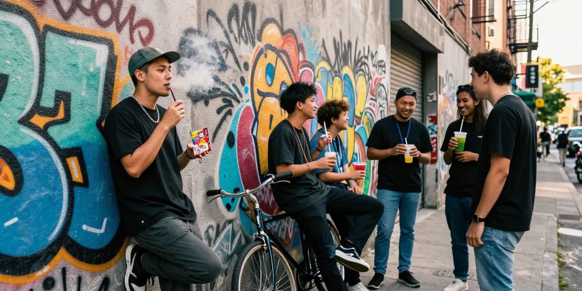 Man enjoying a smoke break with friends, showcasing rokok88 in a vibrant urban setting.