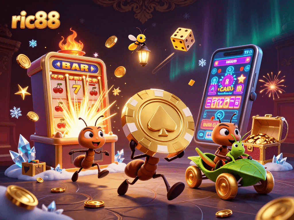 Experience the thrill of ric88 with ant thieves heisting a giant poker chip amidst explosive casino elements.