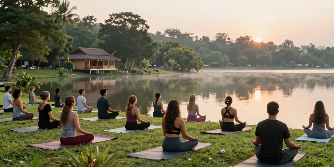 Yoga teacher training Sri Lanka participants meditating by Koggala Lake.