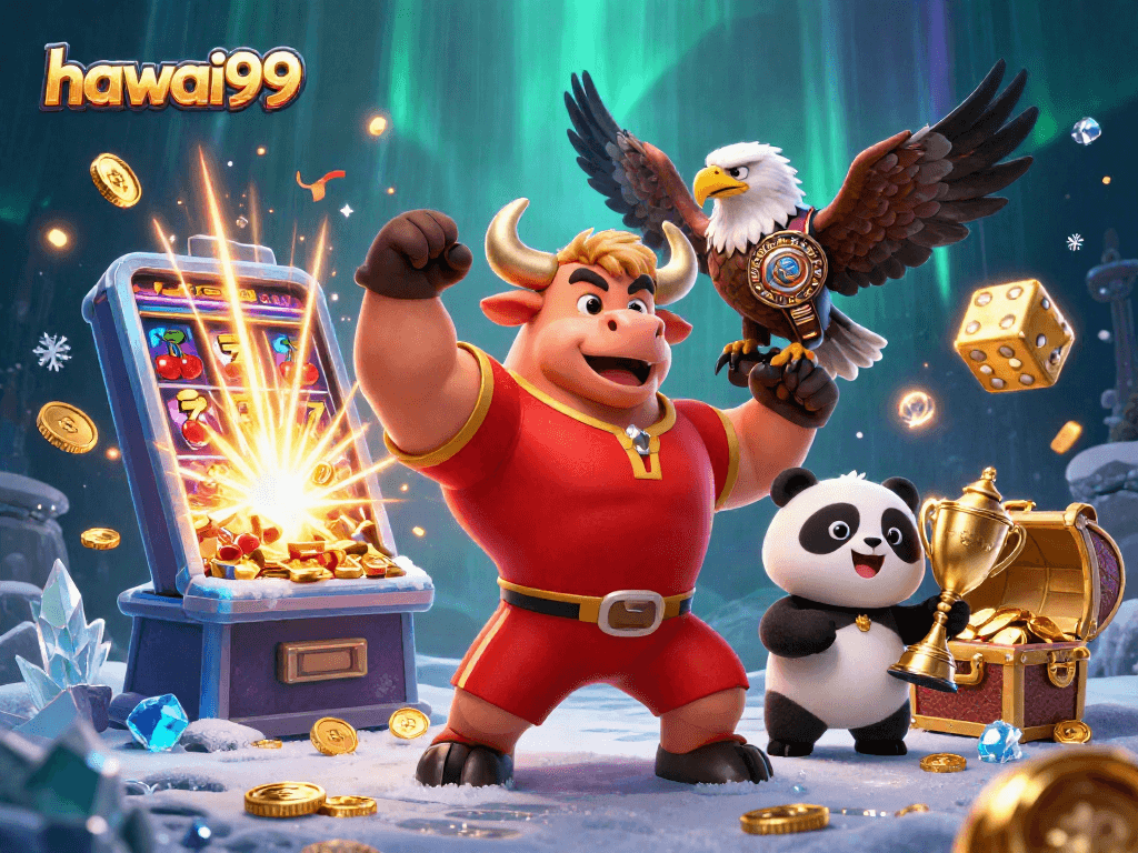 Experience wins at hawai99 with a dynamic scene of casino characters surrounded by vibrant gaming elements.