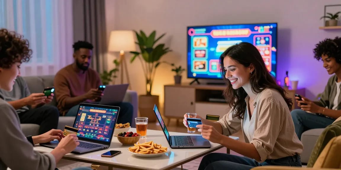 Group of players using credit card casinos at home with laptops and vibrant gaming atmosphere.