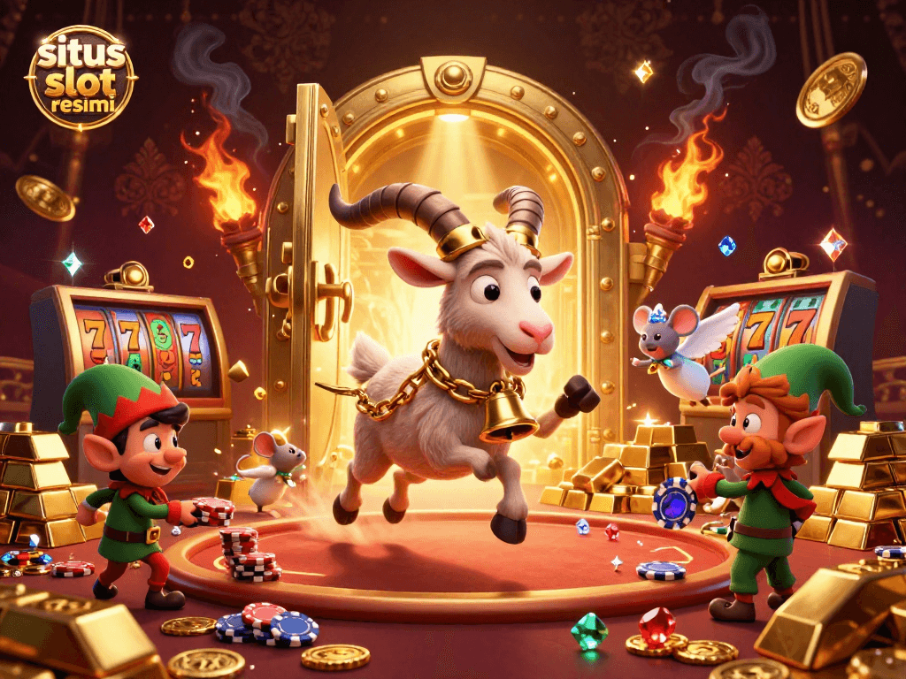 Spin the reels at situs slot resmi with festive casino chaos in a 3D cartoon digital artwork.