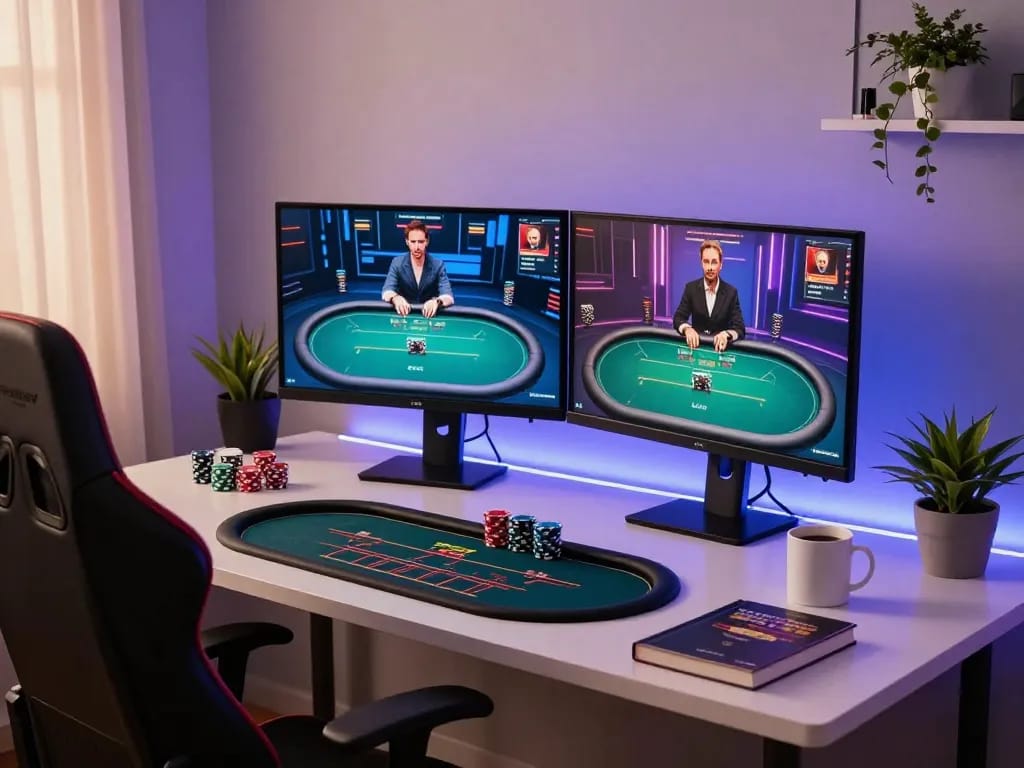 MM99 online poker gaming setup showing dual monitors and strategic elements for serious players.