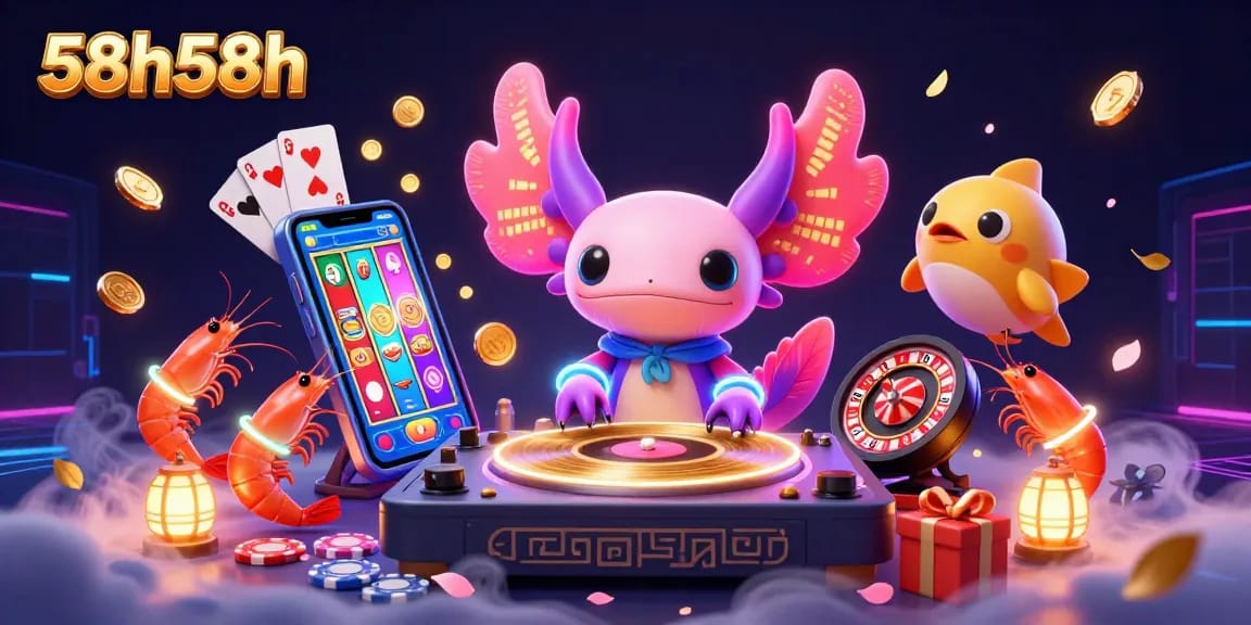 Engage with the vibrant 58h58h casino scene featuring a neon axolotl DJ and dynamic game elements.