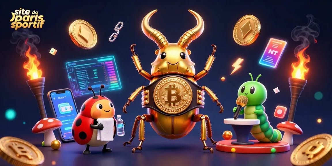 Placer des paris sportifs sur le site de paris sportif avec un scarabée géant et des éléments de crypto-monnaie