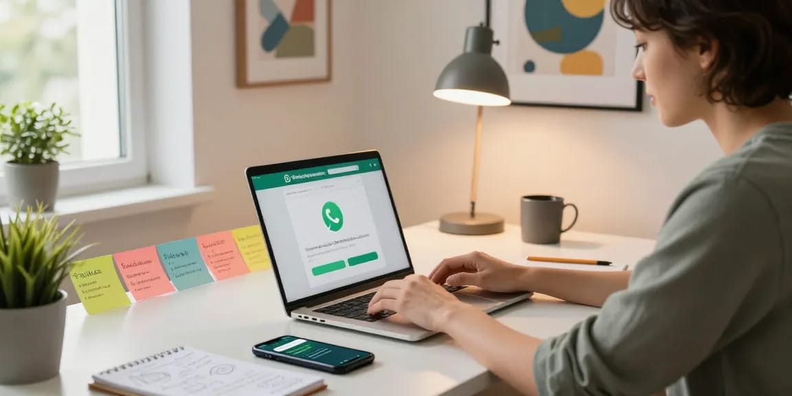 Engaged user utilizing WhatsApp網頁版 on a sleek laptop in a modern home office setting, enhancing productivity.
