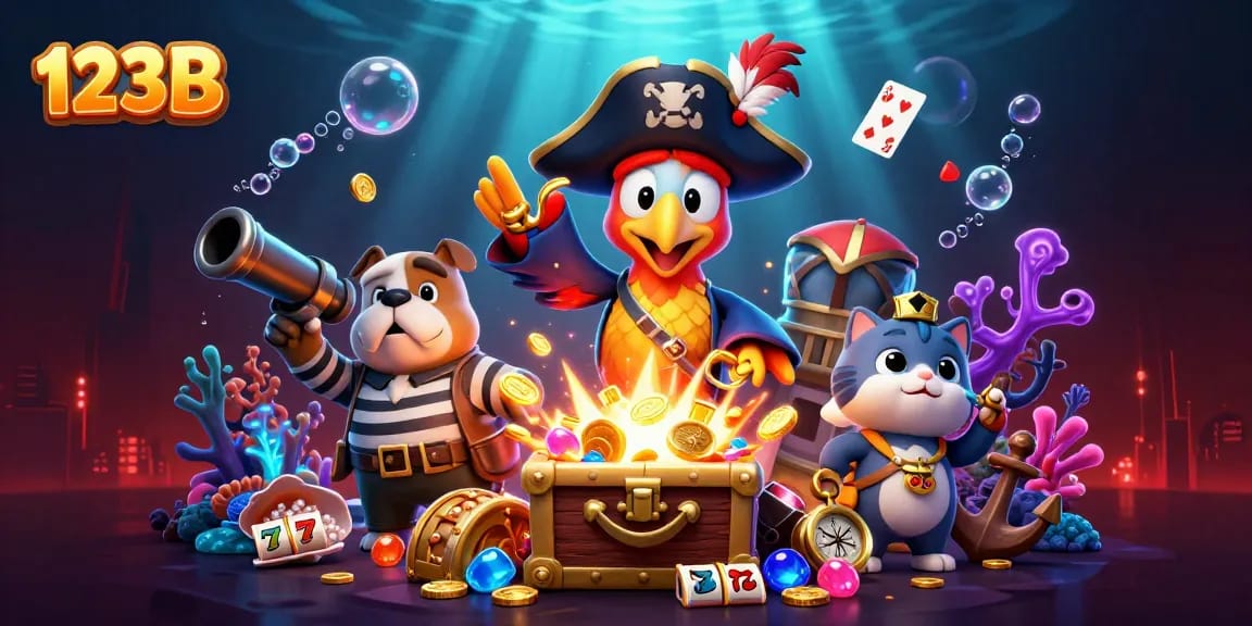 Experience 123B online slots with an adventurous pirate-themed treasure scene featuring gold and gems