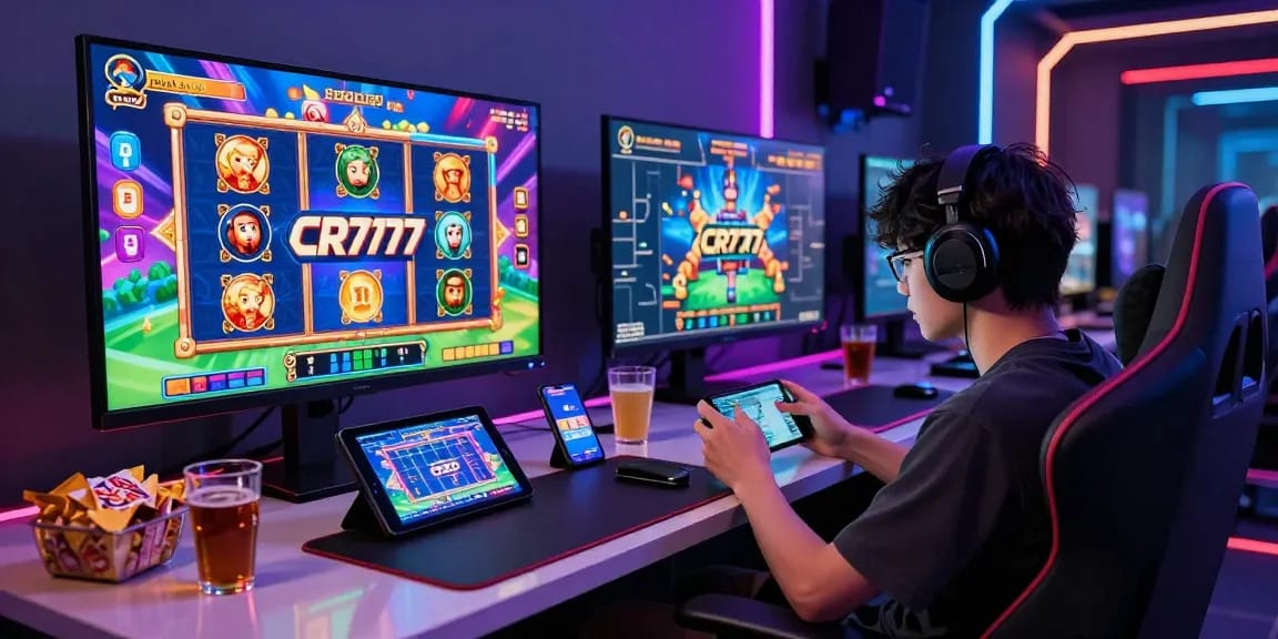 Pengalaman bermain slot online dengan CR777, pemain fokus pada perangkat mobile di lingkungan yang cerah dan menarik.