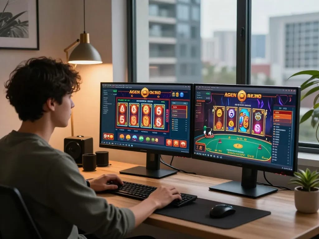 A young adult engaging in strategic play at an Agen Casino Online setup, showcasing dynamic gameplay on dual screens in a stylish home office.