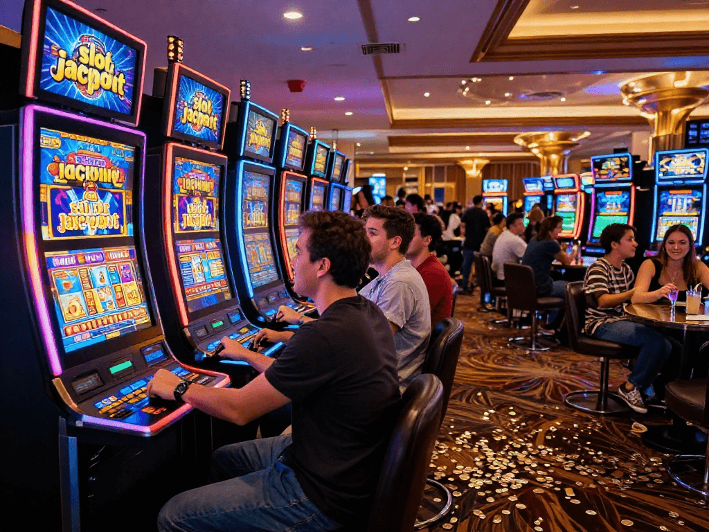 Exciting casino atmosphere with players celebrating a slot jackpot win, vibrant lights and joyful expressions.