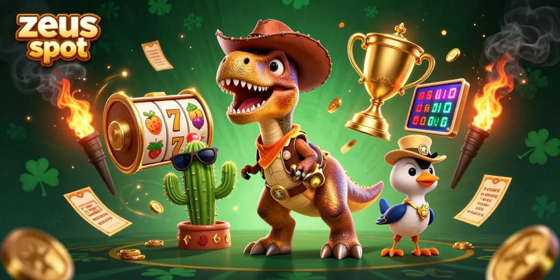 Engage with the zeus slot in this thrilling 3D illustration featuring T-Rex and game elements.