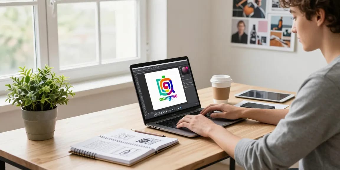 Grafik freelancer pracujący w nowoczesnym biurze z laptopem i projektami logo.