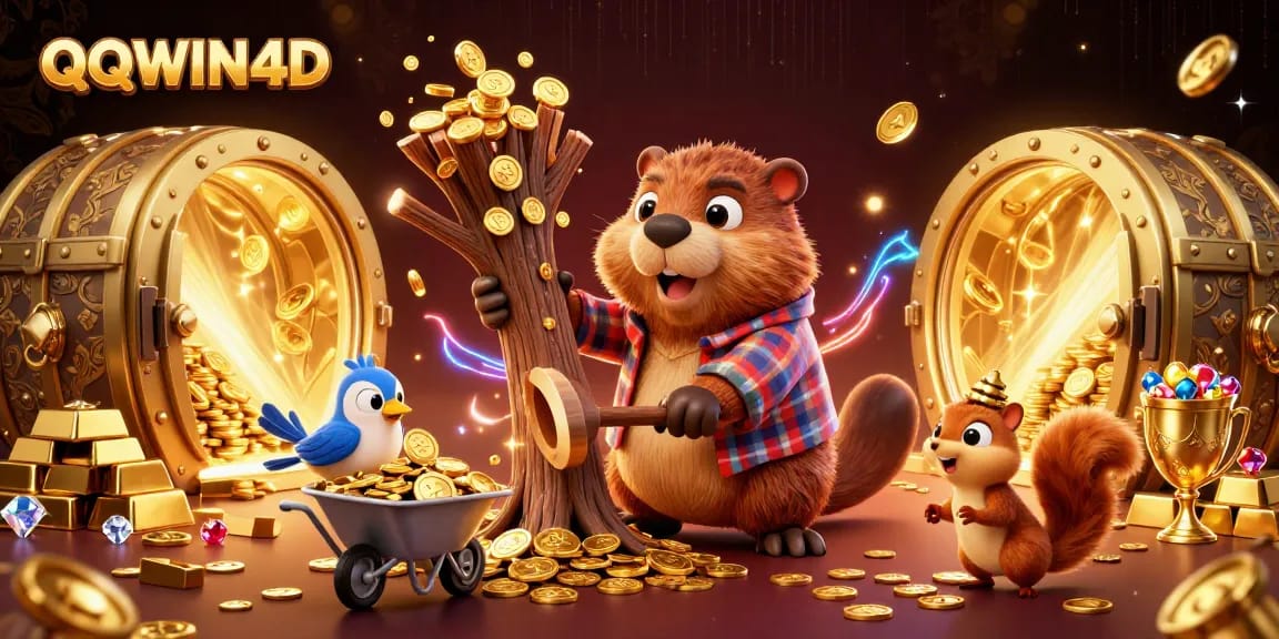 Permainan QQWIN4D dengan 3D kartun berang-berang memotong pohon uang emas, burung mengumpulkan koin di keranjang mini.