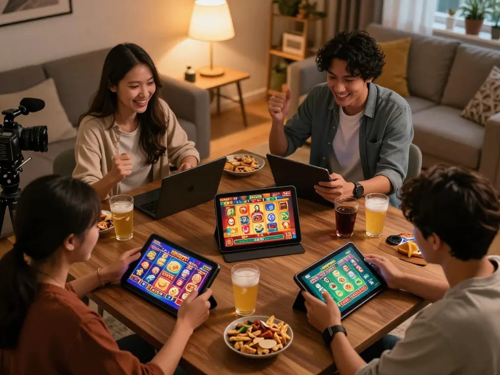 Players enjoying JPROYAL online slot game on tablets, showcasing vibrant graphics and engaging atmosphere.