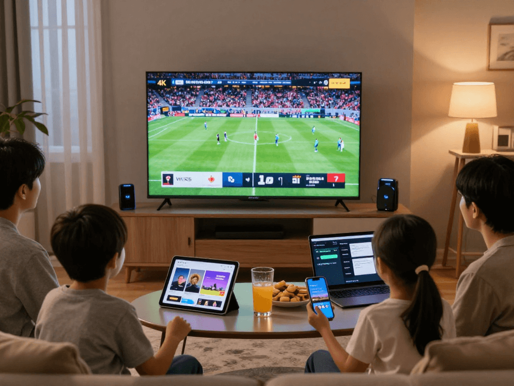 Geniet van Nederland IPTV met een gezin dat samen naar een live sportevenement kijkt op een 4K smart TV.