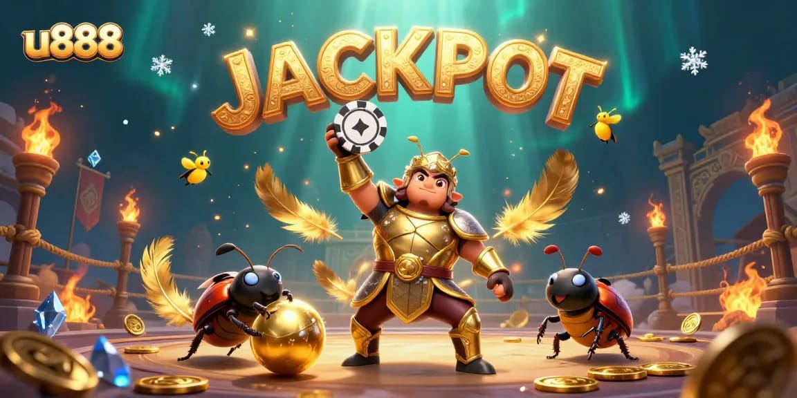 Spin and win with u888 as the hercules beetle celebrates a poker victory amidst a dazzling jackpot.