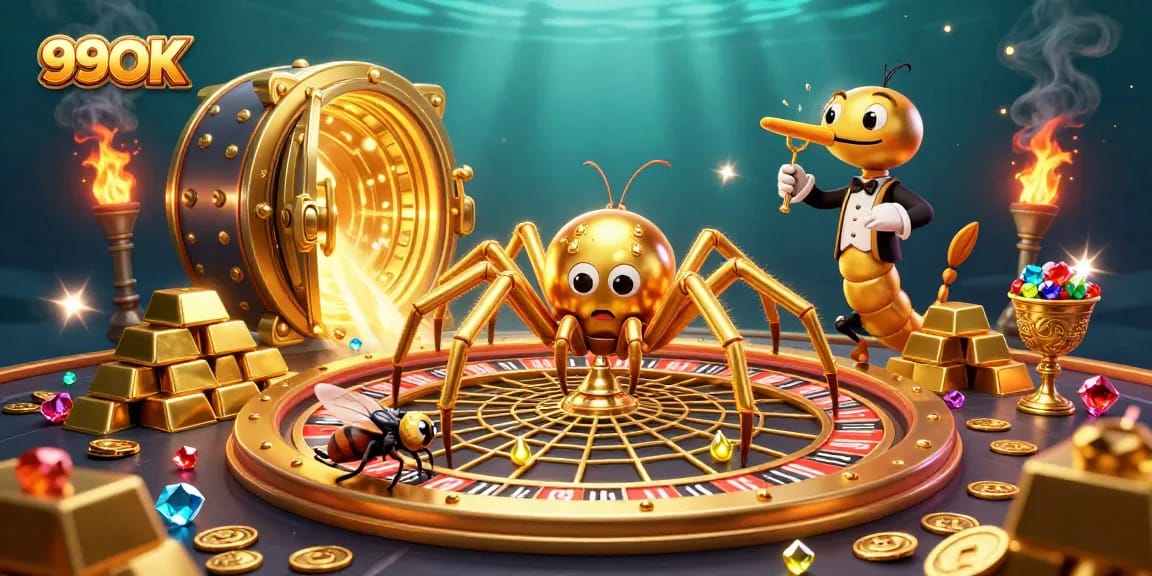 Place bets in the thrilling 99OK casino world with a golden spider spinning fortunes.