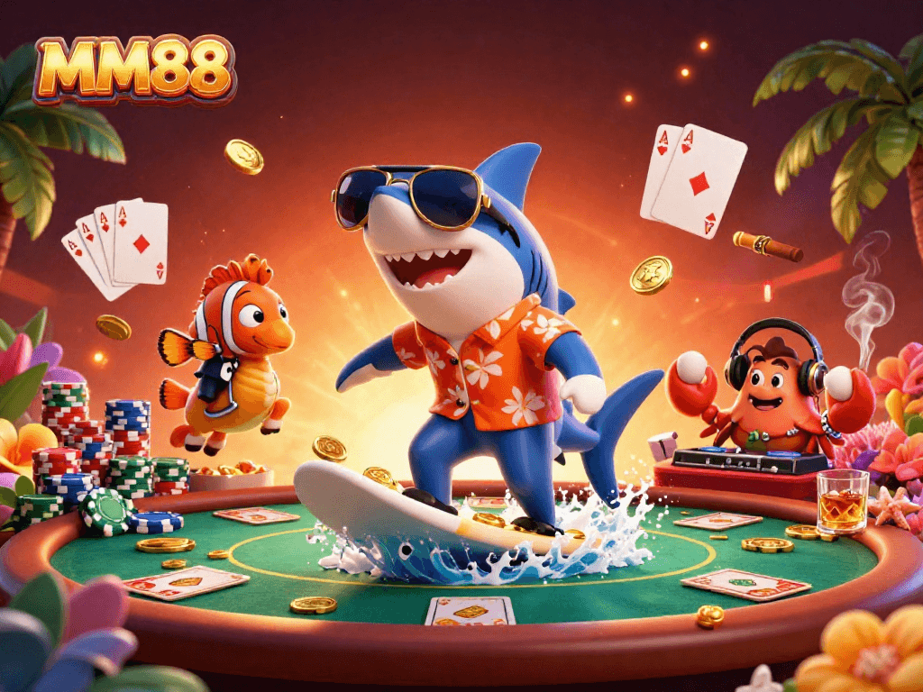Experience the exciting casino atmosphere with MM88, featuring vibrant characters and poker elements.