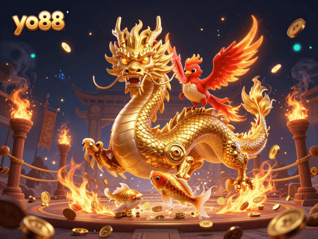 Yo88 casino action with a powerful dragon, phoenix, and koi fish amidst golden coins and smoke.