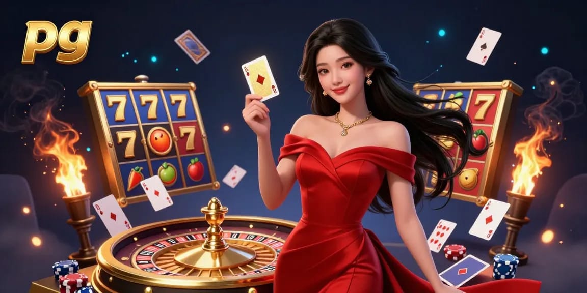 Spin the reels of pg slot games featuring a glamorous dealer beside a roulette wheel.