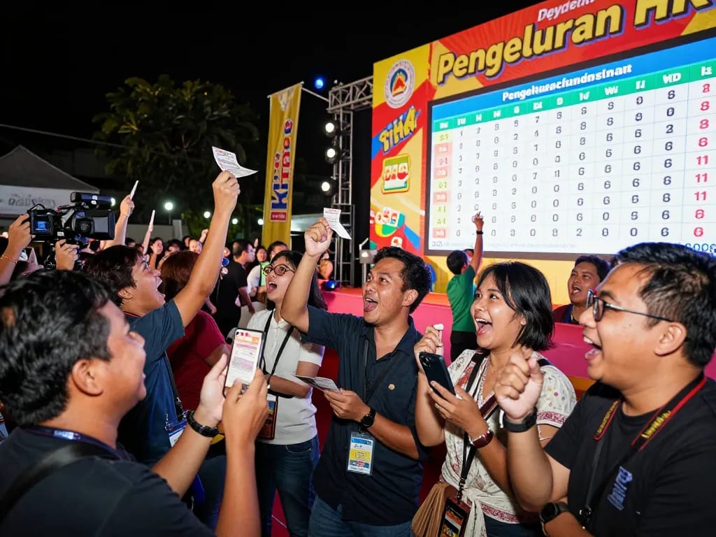 Players eagerly watching the latest Pengeluaran HK results at a lively lottery draw event.