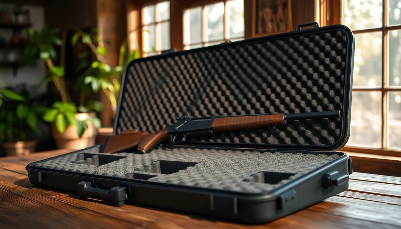 Foam for rifle case with precision cutouts displayed on a rustic wooden table.