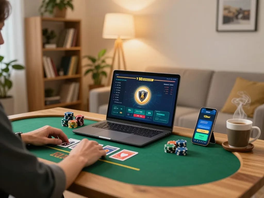 Người chơi trên nền tảng 12bet tại nhà, thể hiện trải nghiệm đánh bạc trực tuyến với máy tính xách tay và chip.