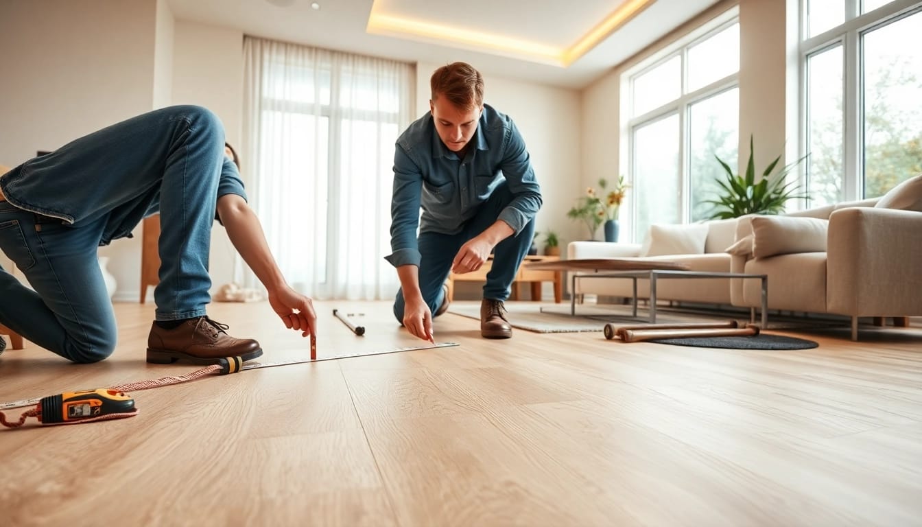 Showcasing vinyl flooring near me with a professional installer measuring in a modern home.