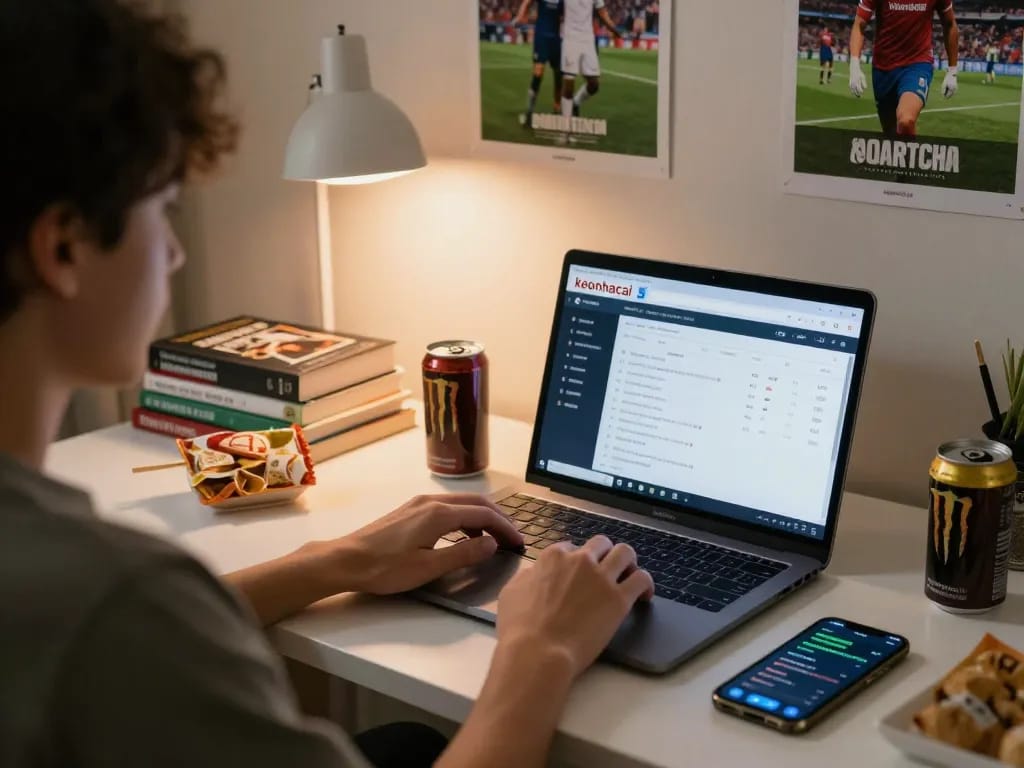Engaging in sports betting on keonhacai 5 platform at a cozy home setup