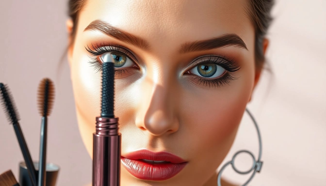 Enhance your beauty with luxe waterproof mascara, showcasing stunning lashes in a glamorous makeup look.
