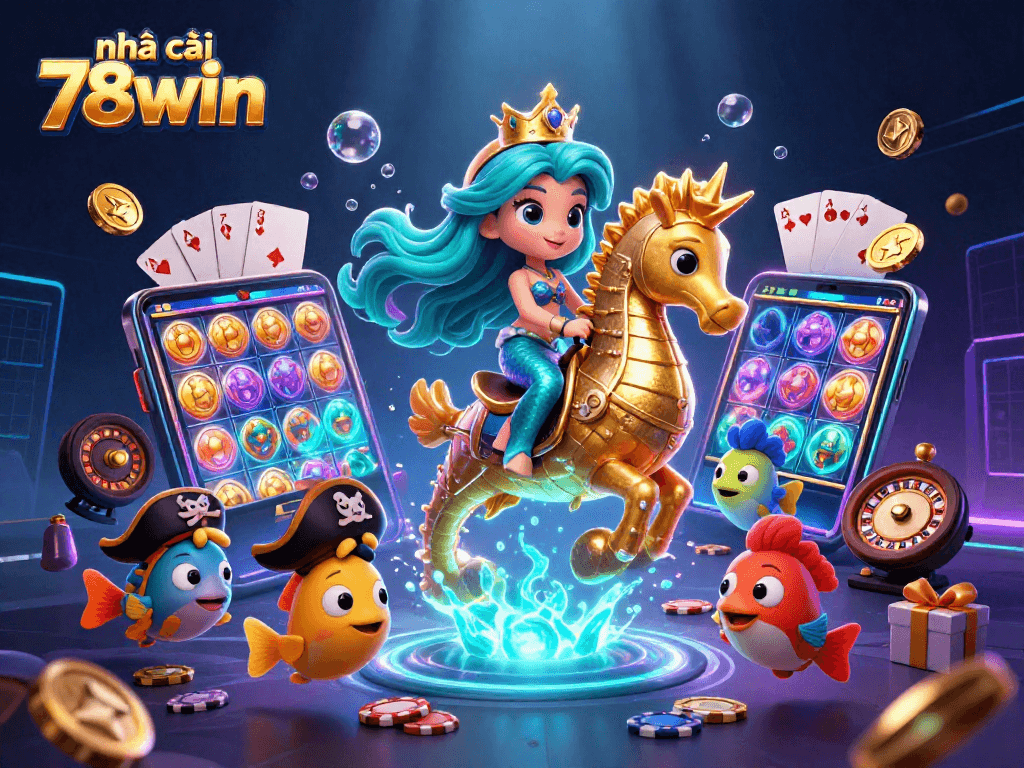 Engage with nhà cái 78win's thrilling gaming scenes featuring vibrant casino elements and a mermaid adventure.